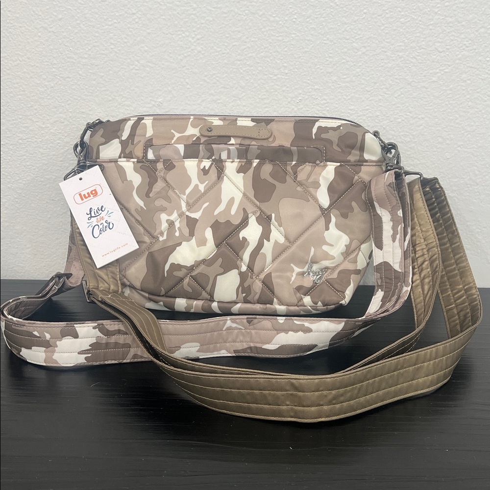 Lug Camouflage Crossbody Bag in quilted camouflage pattern color taupe